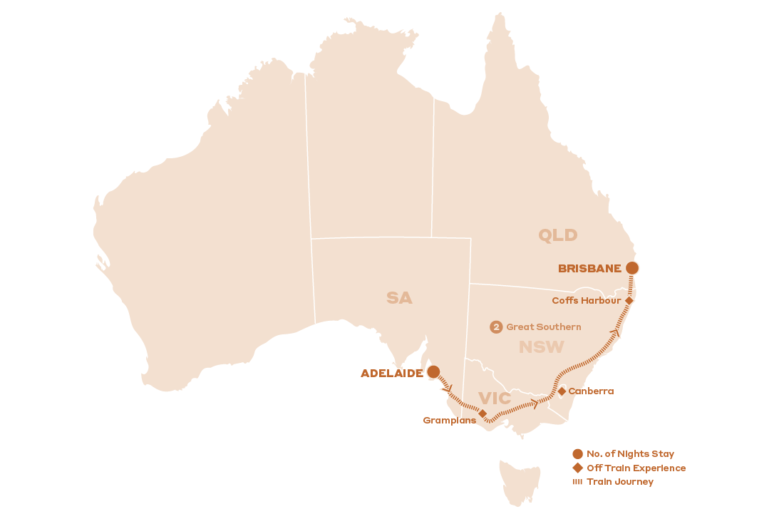 Official Great Southern route map from Adelaide through the Grampians, Canberra and Coffs Harbour to Brisbane