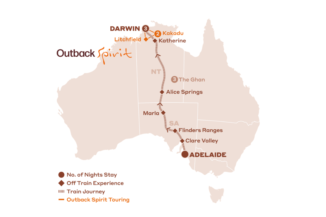 Official Top End Explorer 2027 route map showing The Ghan from Adelaide to Darwin and Outback Spirit touring to Kakadu and Litchfield